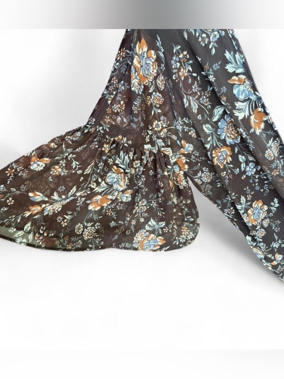 Boho Cottagecore American Eagle Dark Chocolate Brown Floral Ruffle Sleeve Kimono - Picture 3 of 4